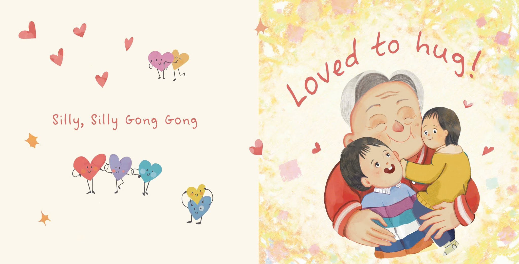 Trang sách Loved to hug trong Silly Silly Gong Gong, minh hoạ ông ôm hai cháu nhỏ
