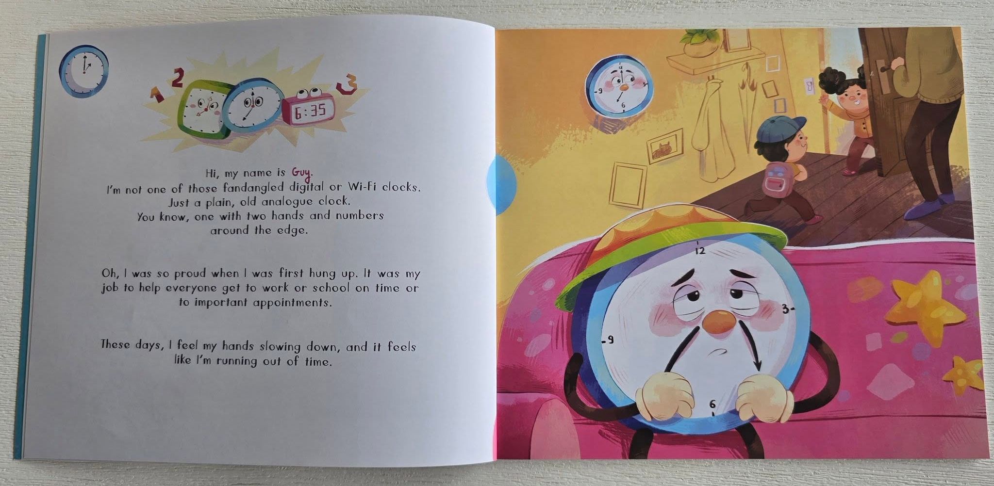 Trang sách Guy Meets Time minh hoạ nhân vật đồng hồ Guy do Funti Kidbooks vẽ